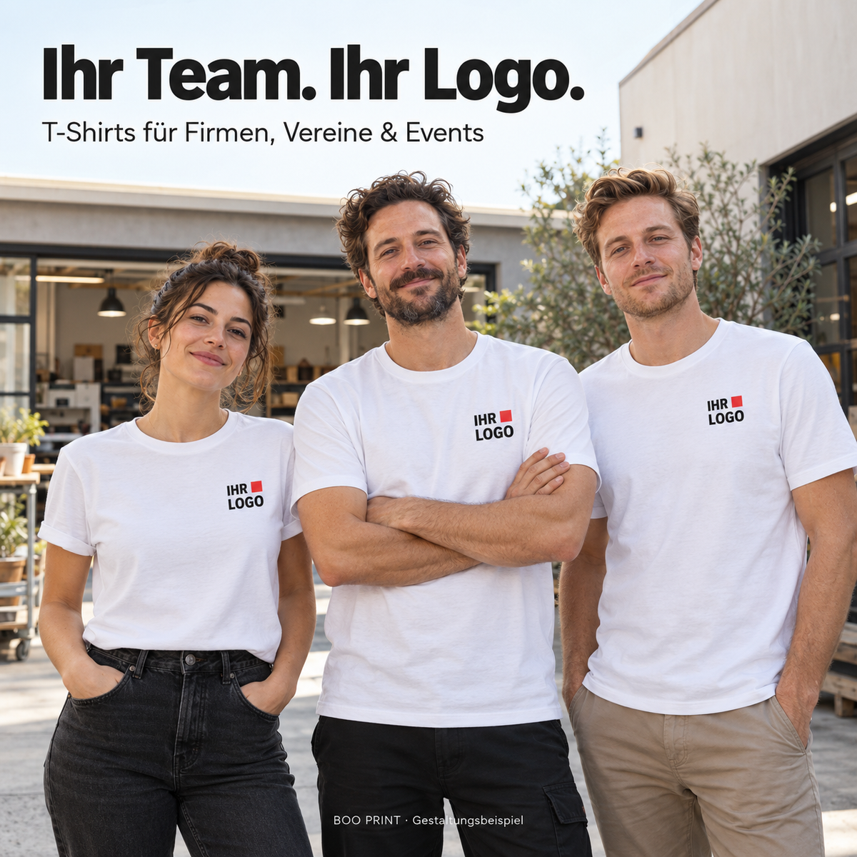Gestaltungsbeispiel: Team mit weißen Basic T-Shirts und individuellem Brustdruck