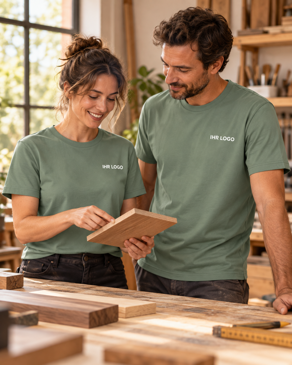 Gestaltungsbeispiel: Handwerksteam in mossgrünen Bio+ Unisex T-Shirts mit Brustlogo