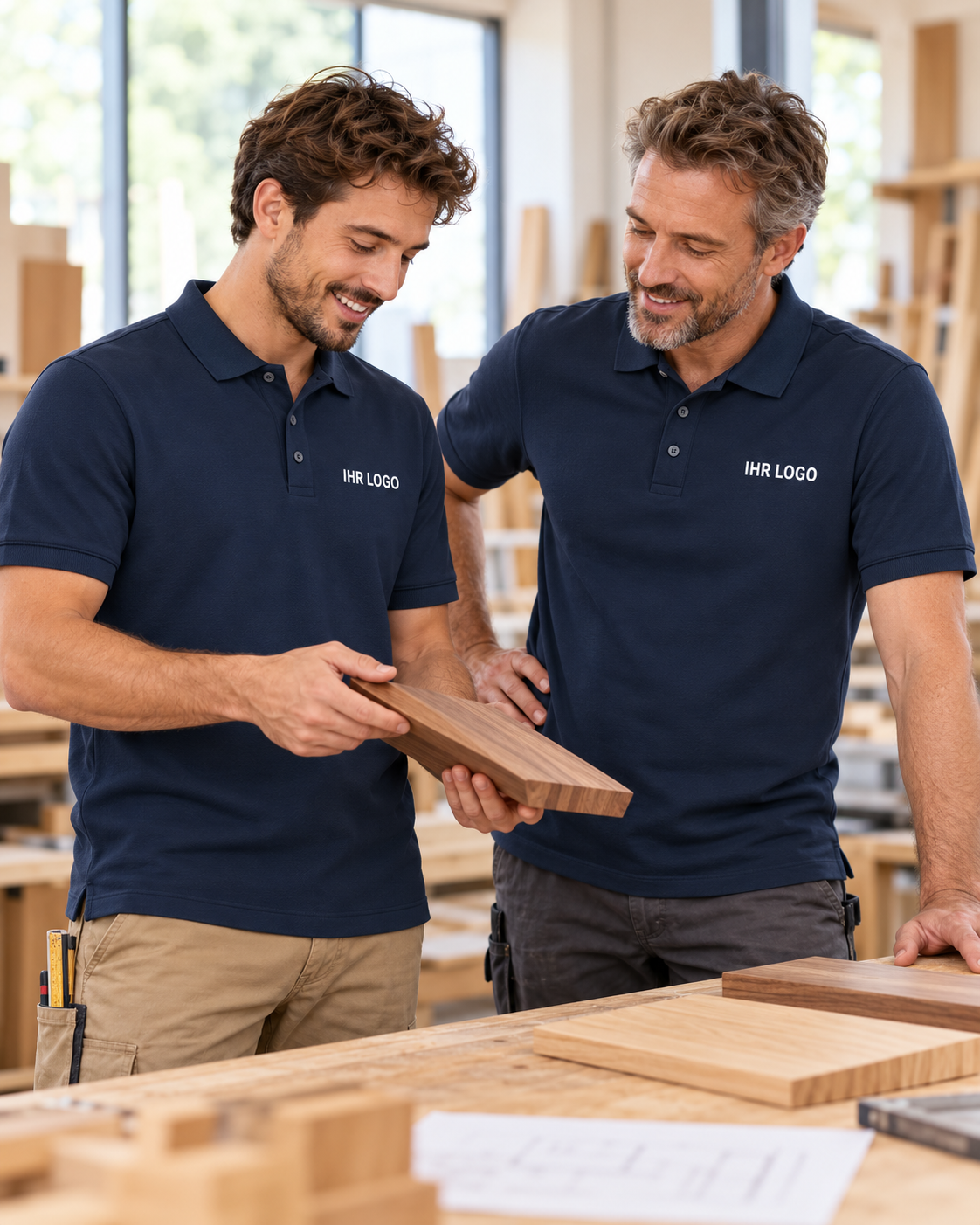 Gestaltungsbeispiel: Handwerksteam mit navy Business Poloshirts und Brustlogo