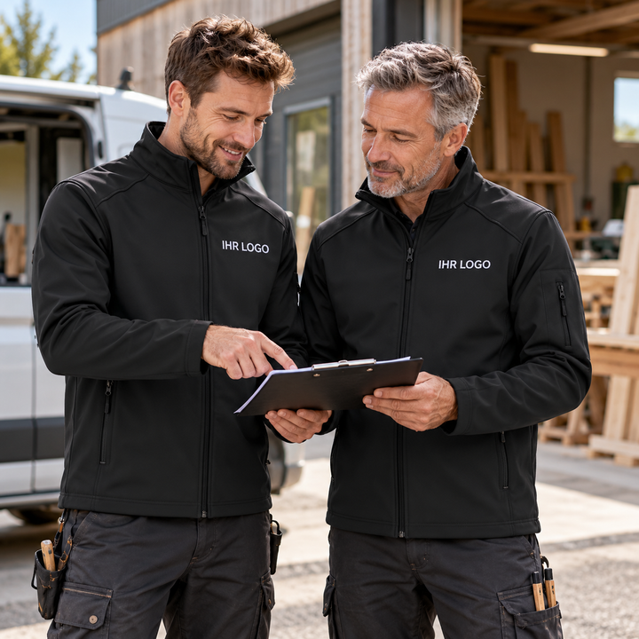Gestaltungsbeispiel: Handwerker in schwarzen K401 Softshelljacken mit Bruststick