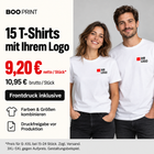 15 Basic T-Shirts mit Frontdruck: 9,20 Euro netto pro Stück für S–XXL, zuzüglich Versand