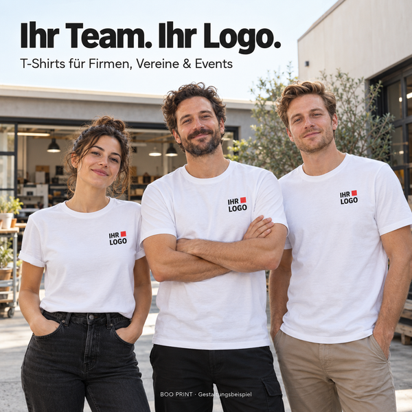 Gestaltungsbeispiel: Team mit weißen Basic T-Shirts und individuellem Brustdruck