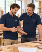 Gestaltungsbeispiel: Handwerksteam mit navy Business Poloshirts und Brustlogo