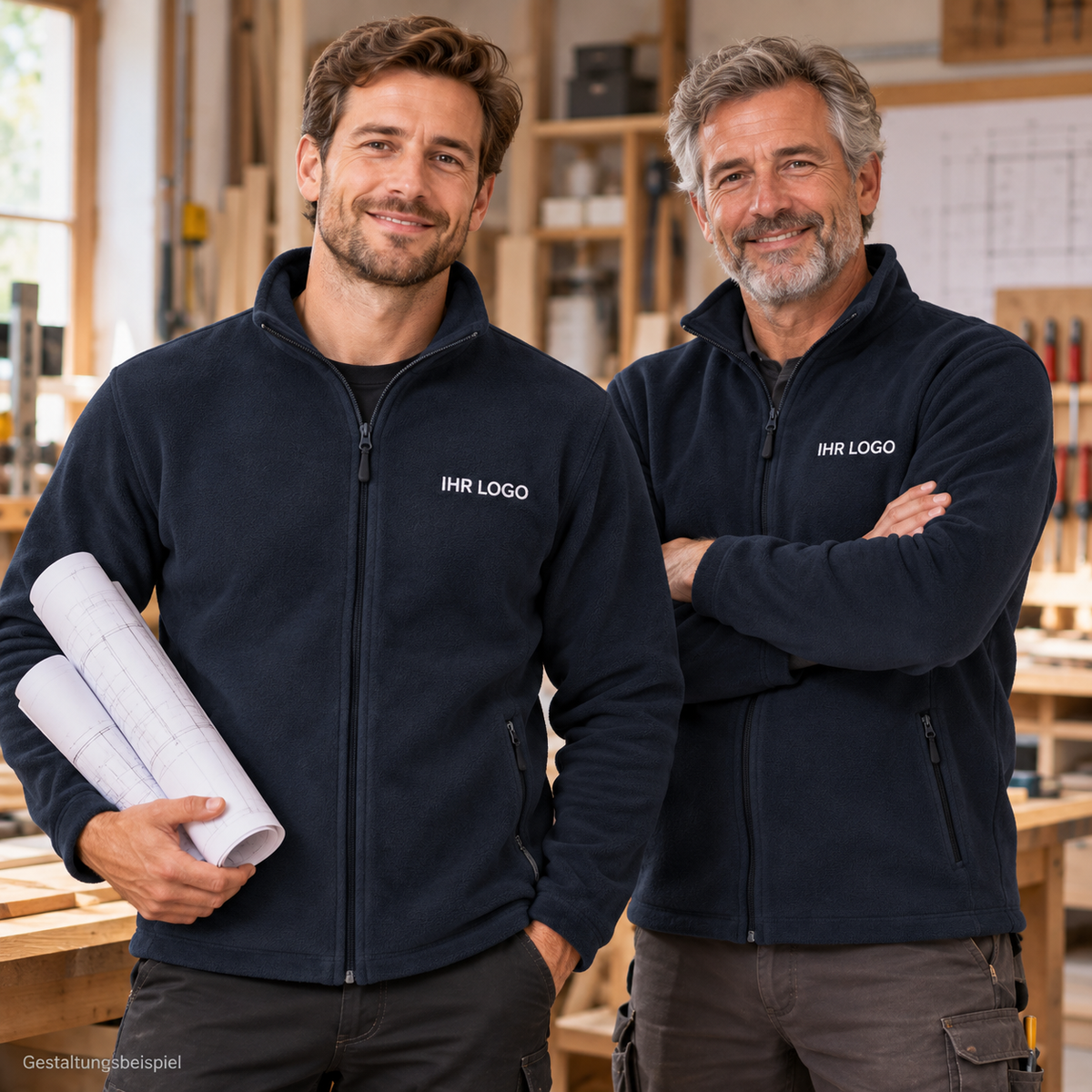 Gestaltungsbeispiel: Handwerker-Team mit navy K911 Fleecejacken und Bruststickerei