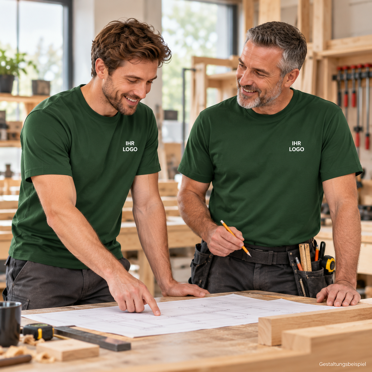 Gestaltungsbeispiel: Handwerker in grünen Premium T-Shirts mit individuellem Brustlogo