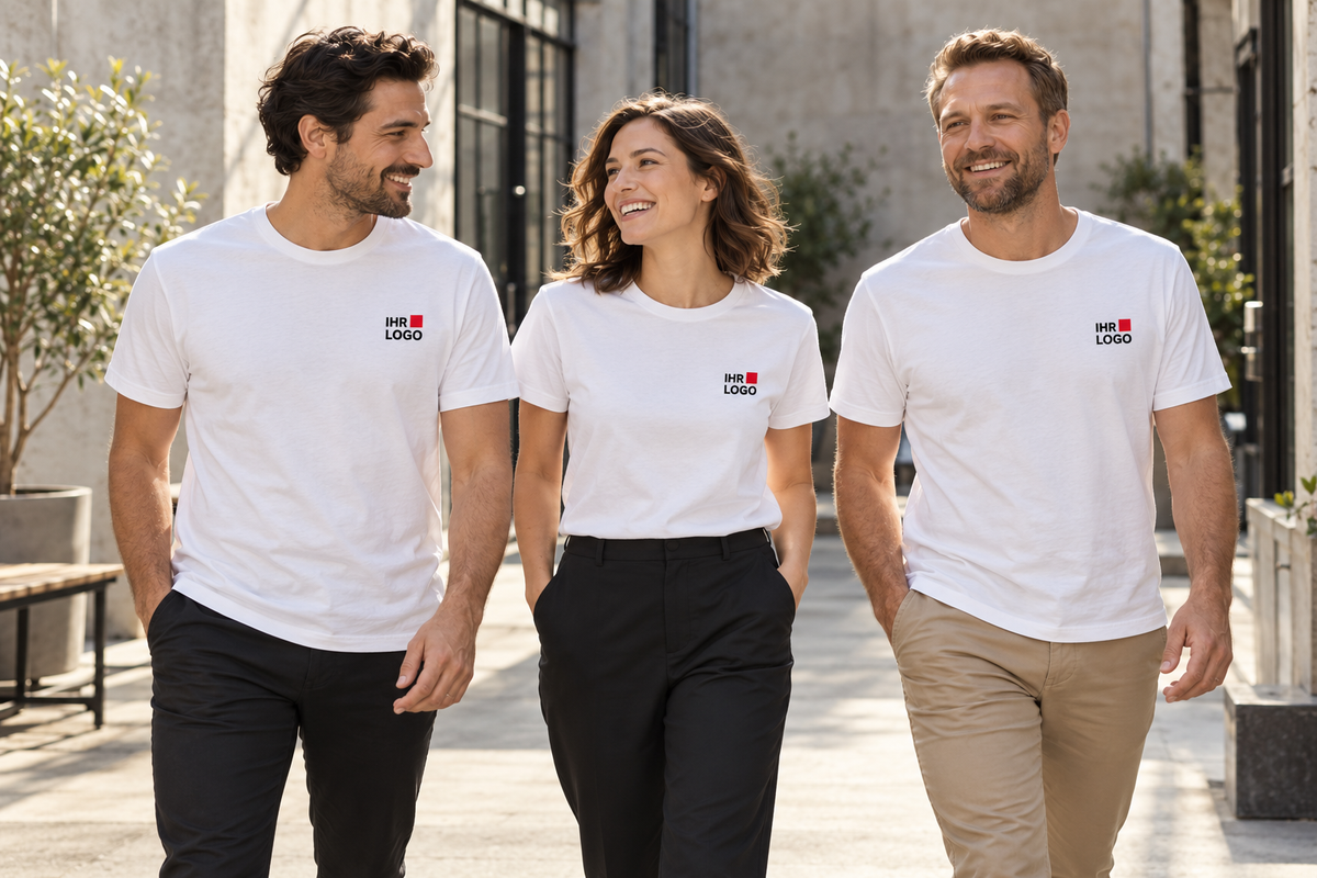 Gestaltungsbeispiel: Team mit individuell bedruckten weißen T-Shirts